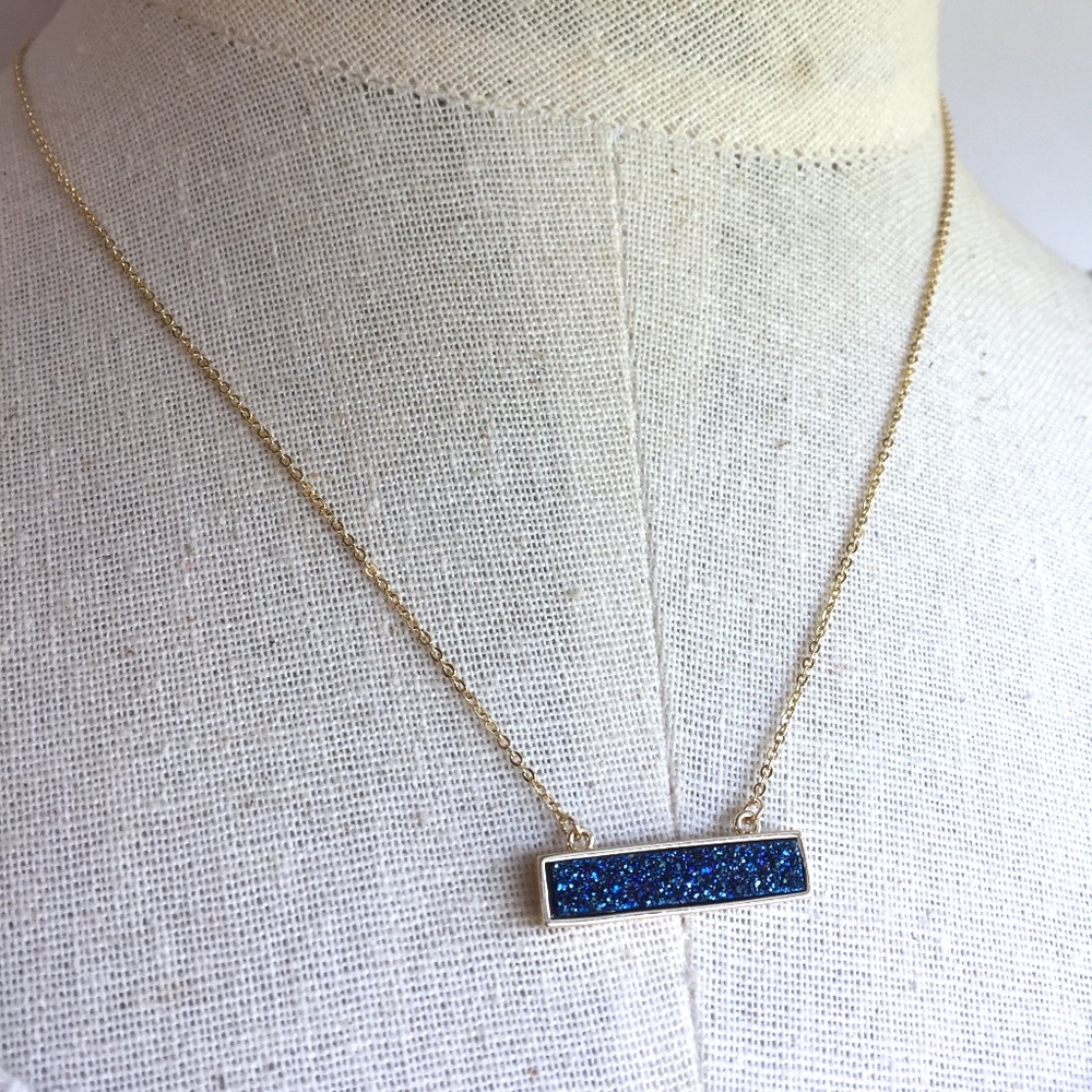 Blue Druzy Bar Necklace/ Gold chain - Picture 3 of 3